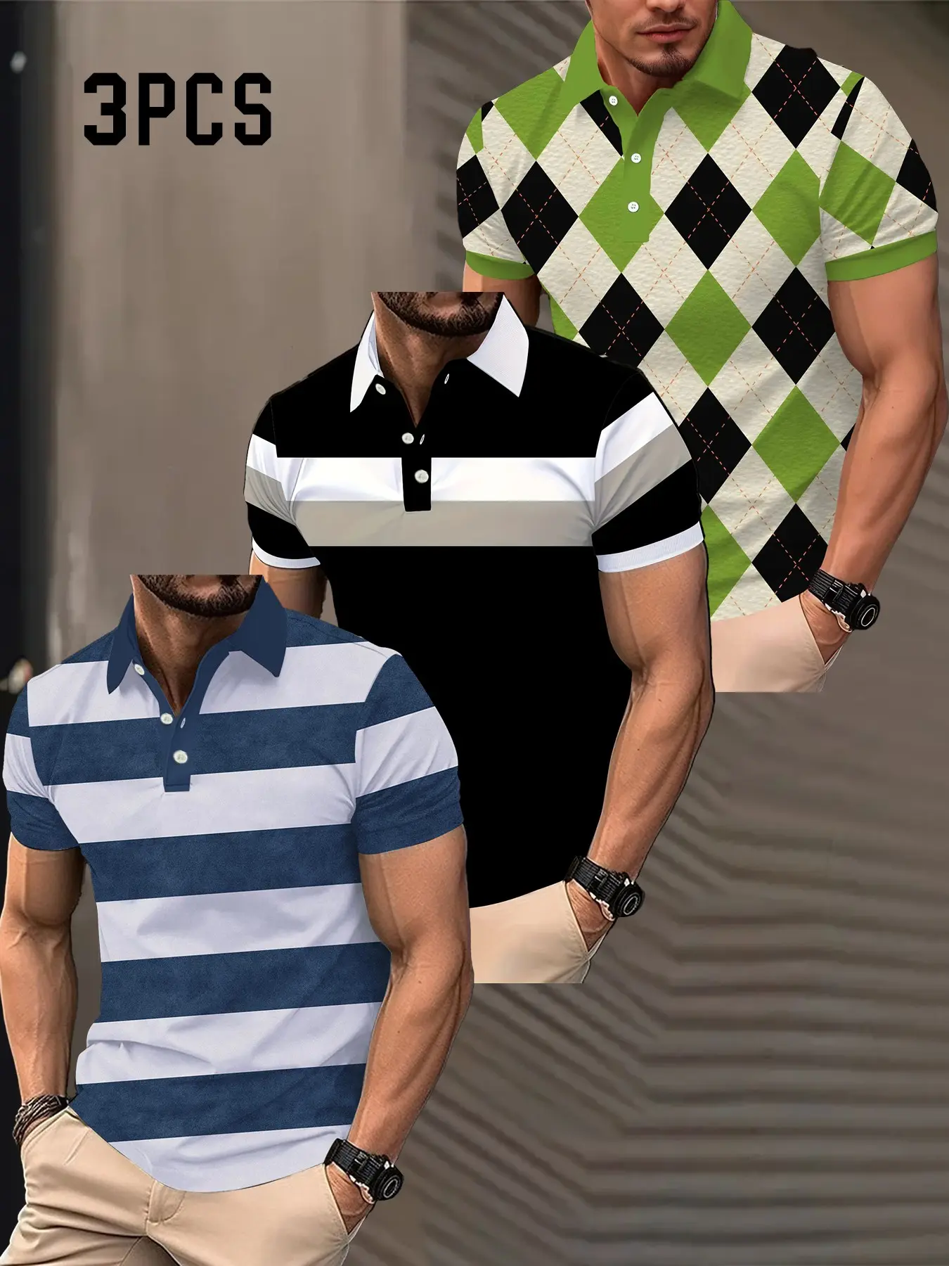 3 Piece Set Striped Plaid Short Sleeve Polo Shirt, Business Casual Turn-Down Collar Men's Top, Comfortable and Stylish Design, Classic