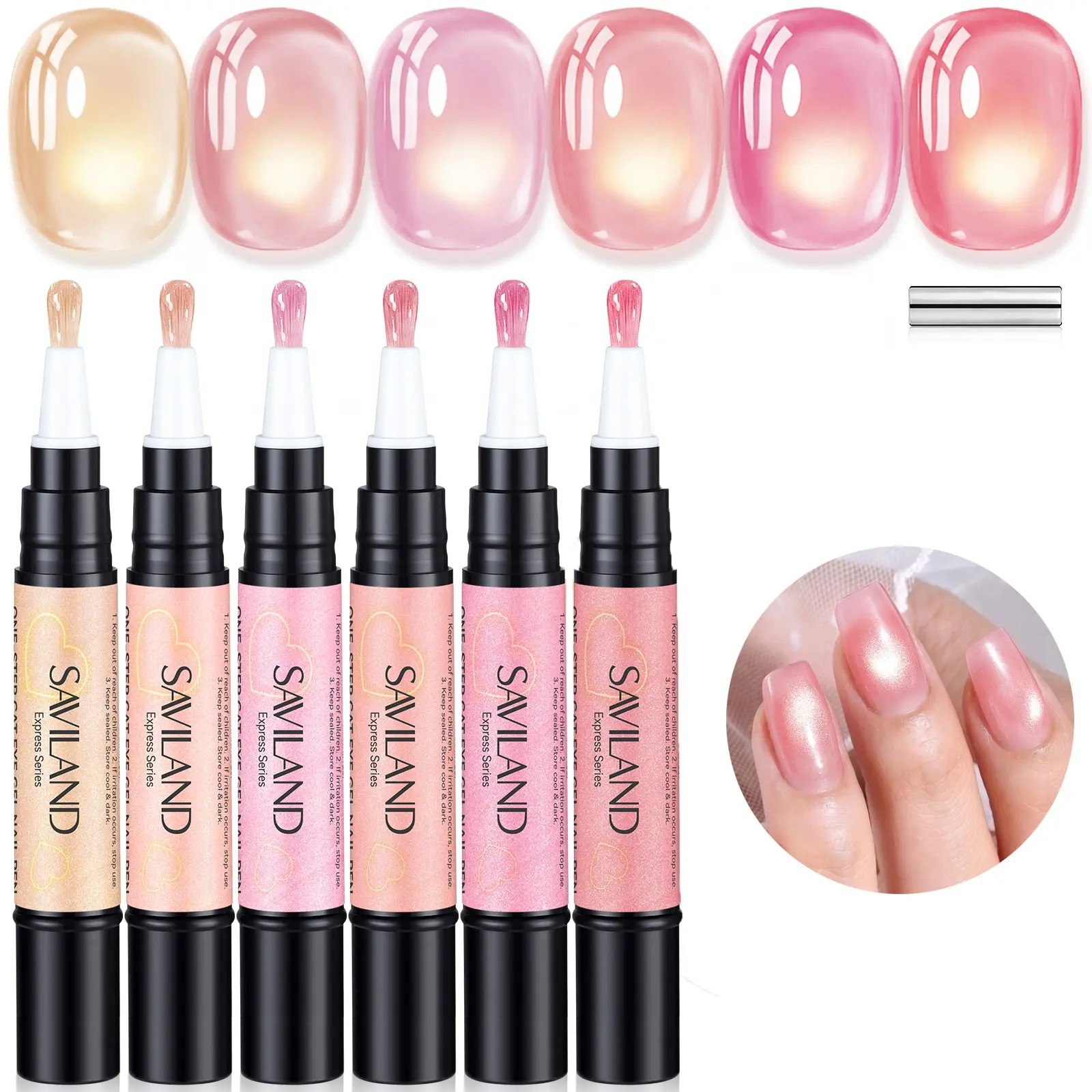 SAVILAND Gel Nail Polish Pens Set 6 Colors Sheer Nudes Light Pink Blush Cat Eye Gel 3 in 1 Base Color Top Gel with Magnet Stick Portable Gel Polish Gift for Women At Home Manicure Gel Nail Polish Base and Top Coat