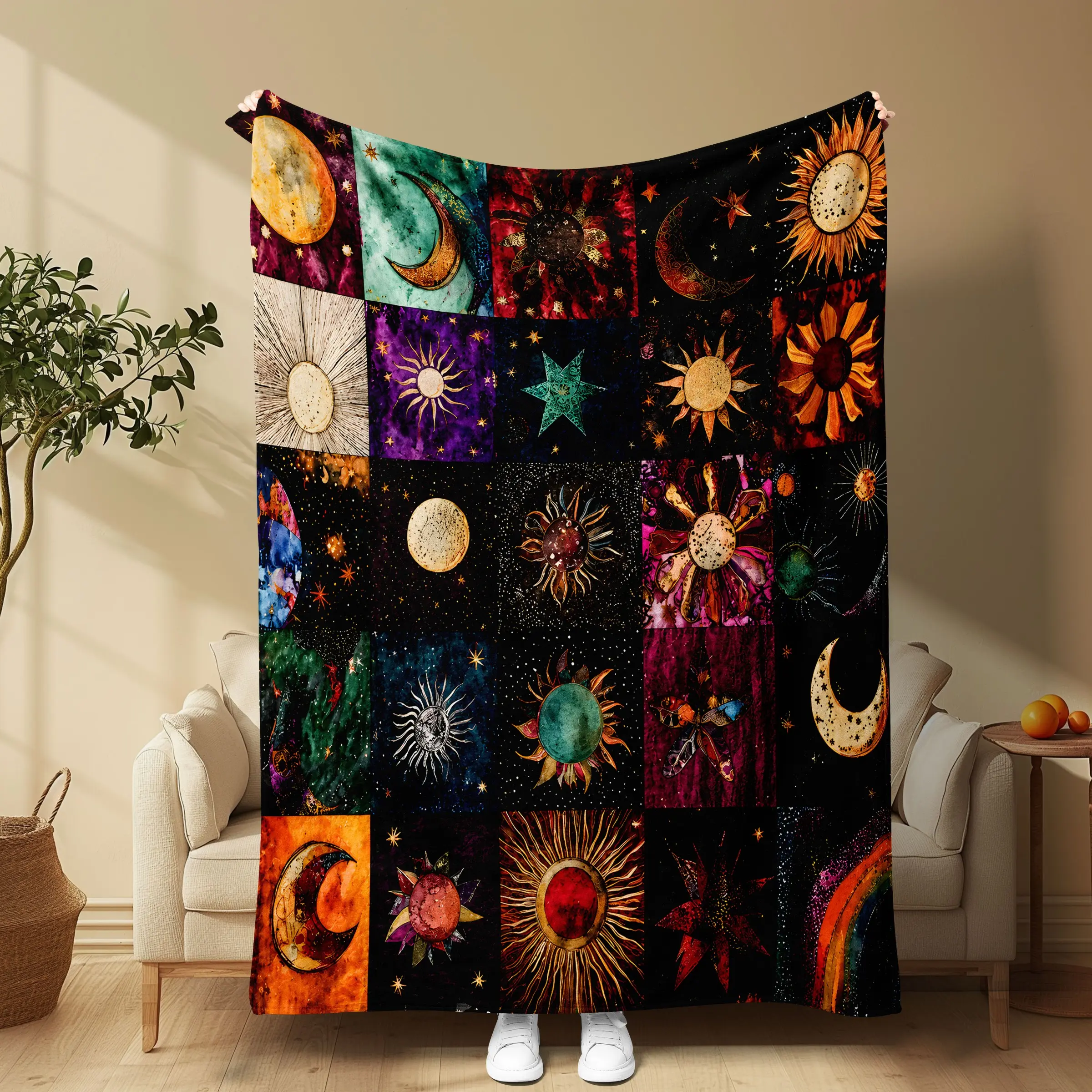 Vintage Watercolor Sun Moon Stars Blanket, Artistic Design, Soft and Comfortable, All-Season Use, Ideal for Sofa, Office, Car, Camping