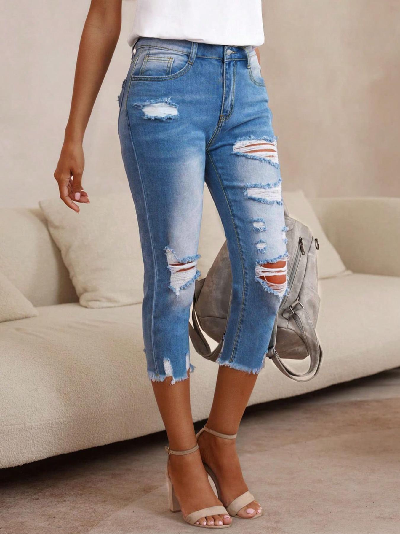 Women's Plain Ripped Raw Hem Skinny Jeans, Casual Pocket Button Cropped Capris Denim Pants for Summer, Capri Pants, Fashion Women's Denim for Daily Wear