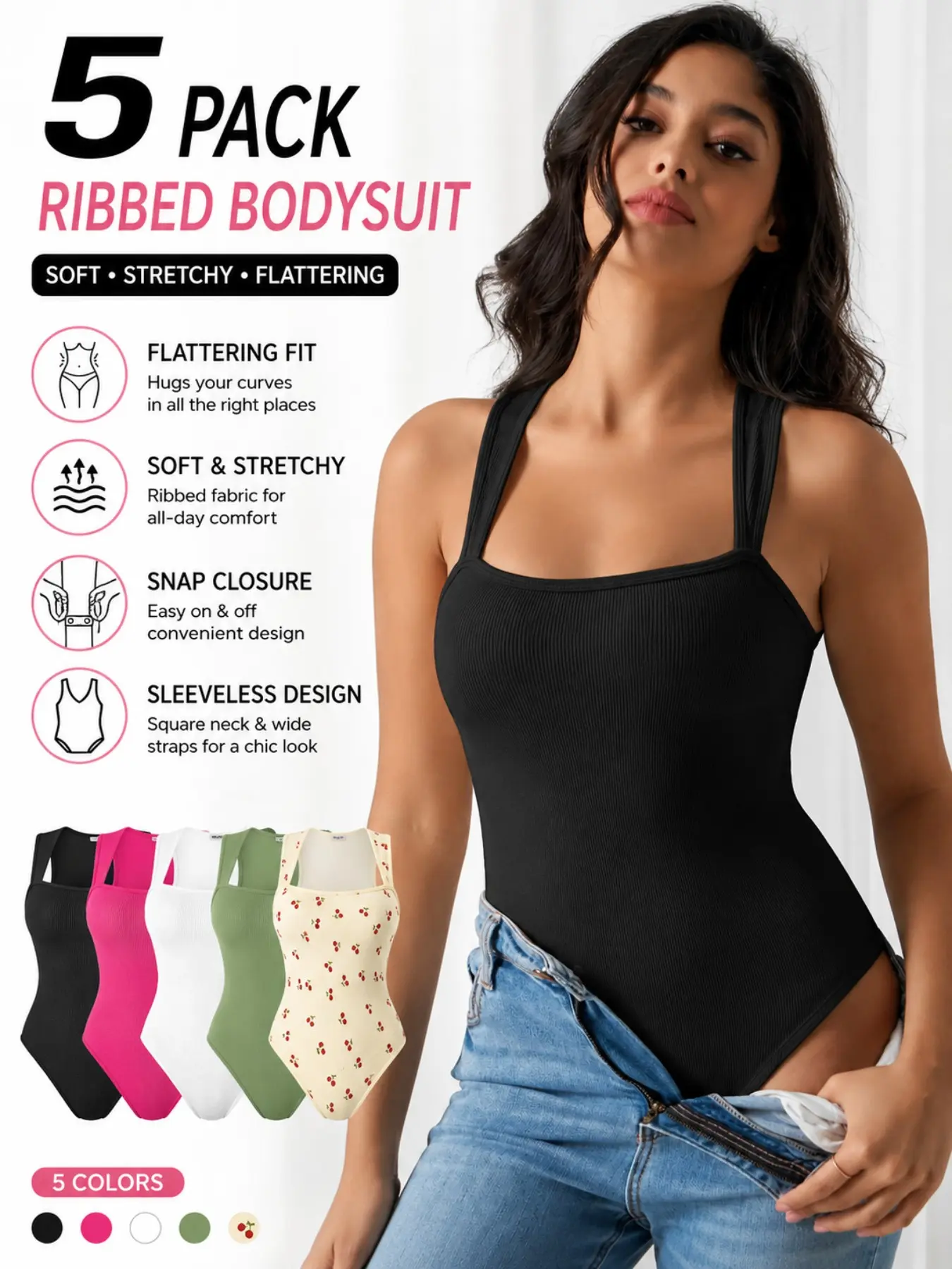 Women's 5-Piece Ribbed High Elasticity Jumpsuit, Square Neck Sleeveless Slim Fit Tank Top, Button Closure at Crotch, Sporty Style, All Seasons