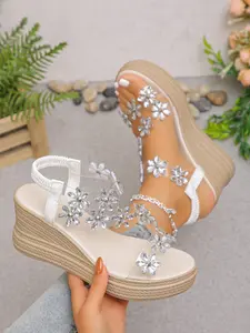 Women Crystal Flower Decor Wedge Platform Sandals, Clear Transparent Strap, Elastic Ankle Wrap, Slip on Summer Beach Espadrille Wedge Shoes