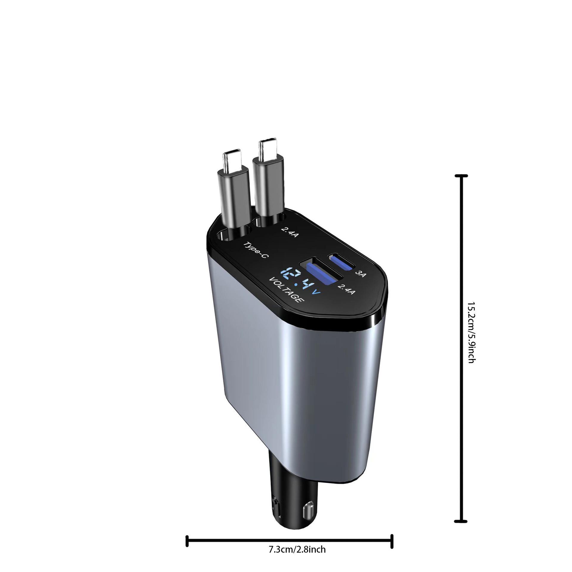 4 in 1 Car Charger, Retractable Car Charger, Retractable Automotive Charger with 2 Fast Charging Cables, Dual Charging Ports Car Charger Compatible with iPhone, Type C Charger