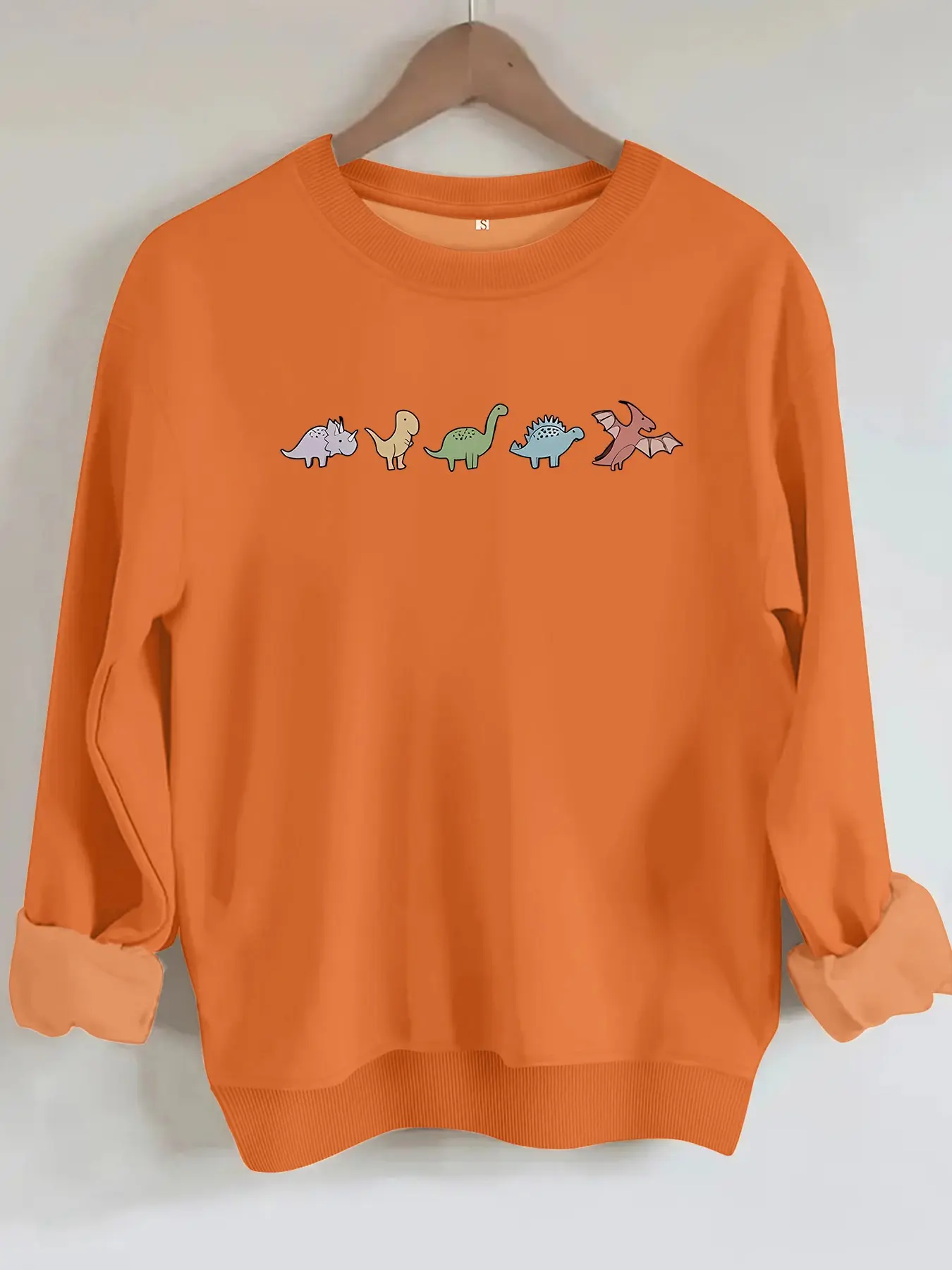 Women's Casual Cute Dinosaur Pattern Pullover, Soft Long Sleeve Round Neck Fleece Sweatshirt, All-Season Comfort