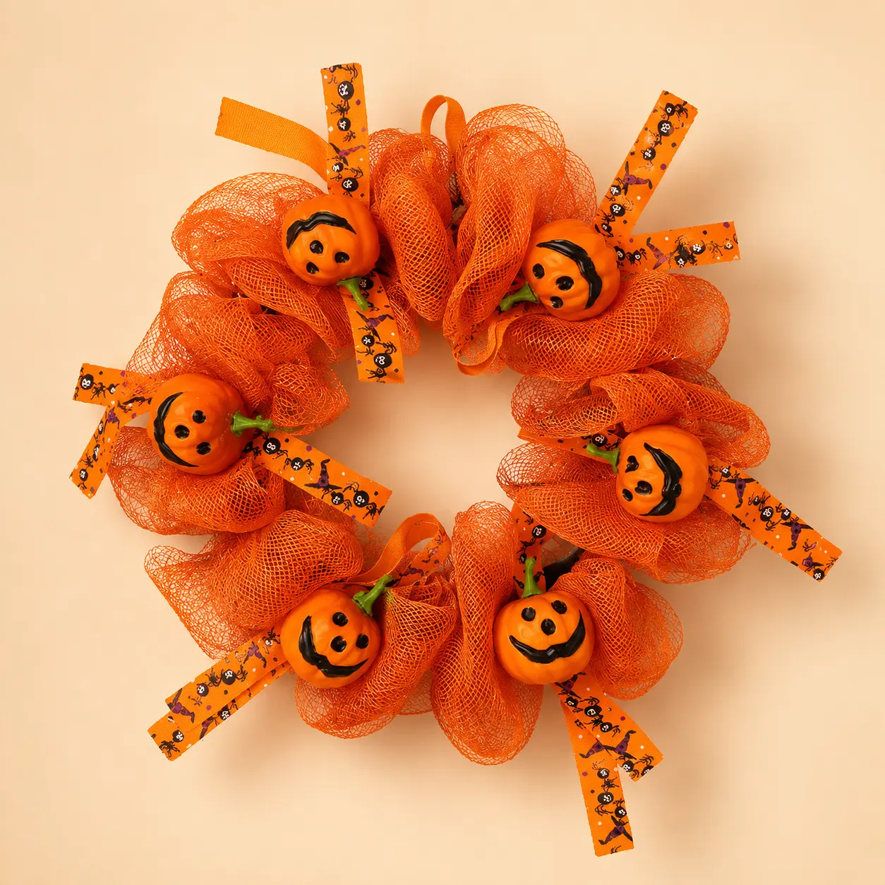 Halloween Pumpkin Wreath, Orange Mesh Jack-O’-Lantern Door Hanging Decor, Fall Front Door Wreath for Indoor Outdoor Home Party Decoration
