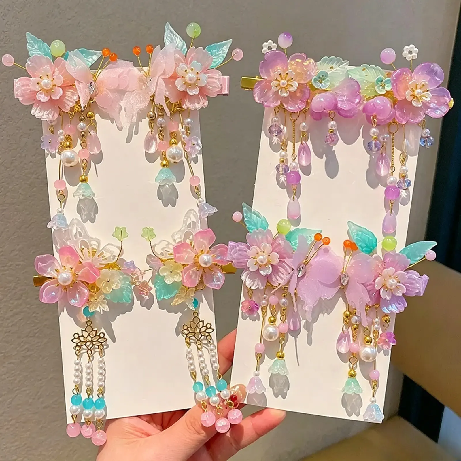 Chinese Style Floral Tassel Hair Clips for Girls, Hanfu Hair Accessories with Bow & Bead Tassel, Princess Style Kids' Pair Barrettes