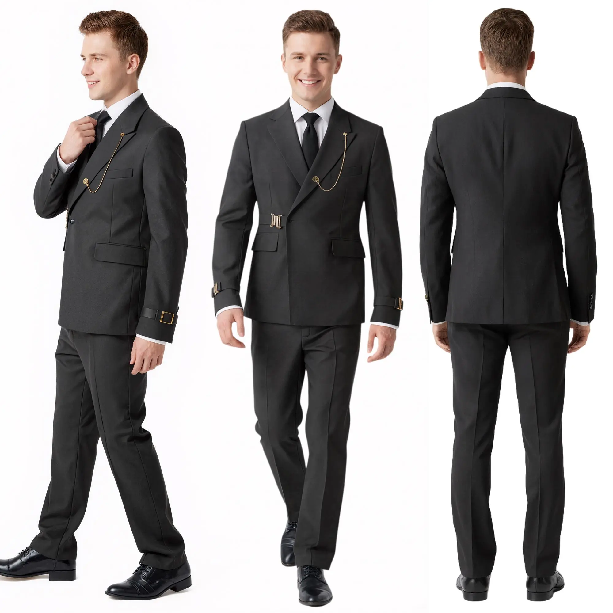 Men's Modern Slim-Fit 2-Piece Suit Set - Long Sleeve Blazer, Matching Trousers, Belt Closure, Decorative Chain, Fashion Menswear for Prom, Birthday, Graduation, Soft, Plain, Stylish, Breathable, Fabric, Chain Accent, Dry Clean, Evening, Rayon, Fitted, Wed