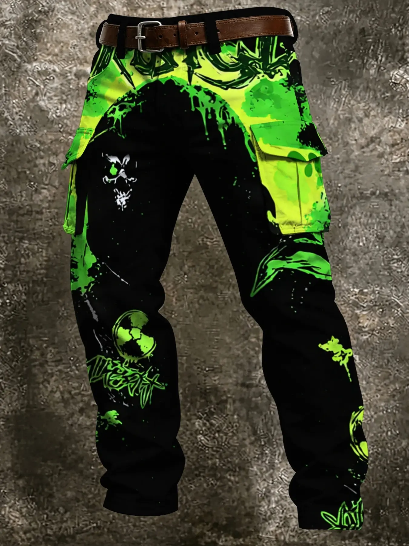 Men's black base with green radioactive symbol skull graffiti all-over print, dark punk cool pattern, straight-leg durable fabric, men's street work pants.