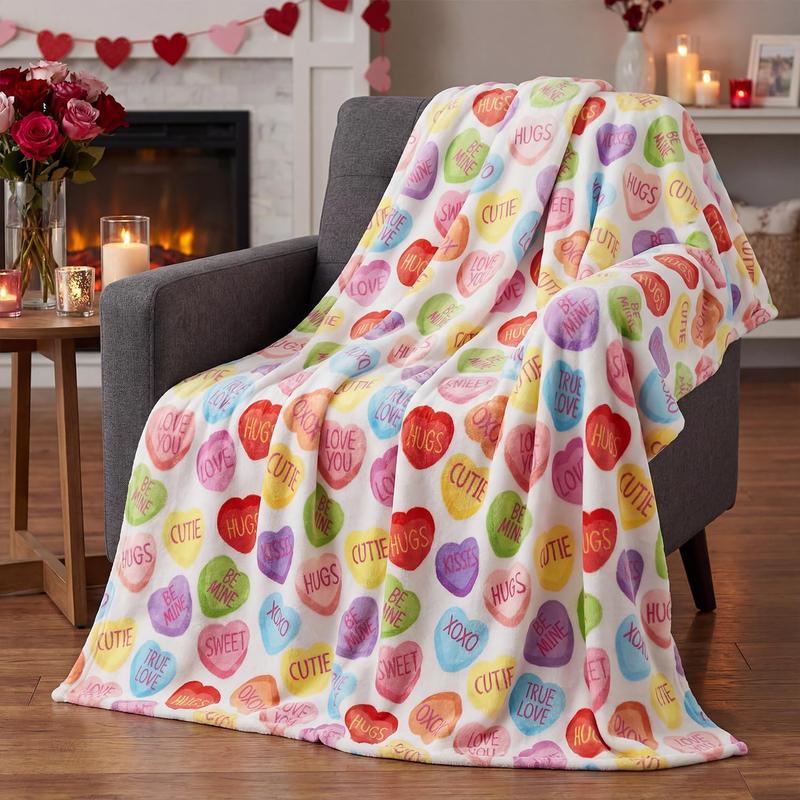 Valentine Flannel Blanket Throw, Pink Hearts with Words Soft Fuzzy Plush Cozy Fleece Blankets for Couch Sofa Bed Lounging, Ideal Gifts for Kids Adults Wife Self, 50x60