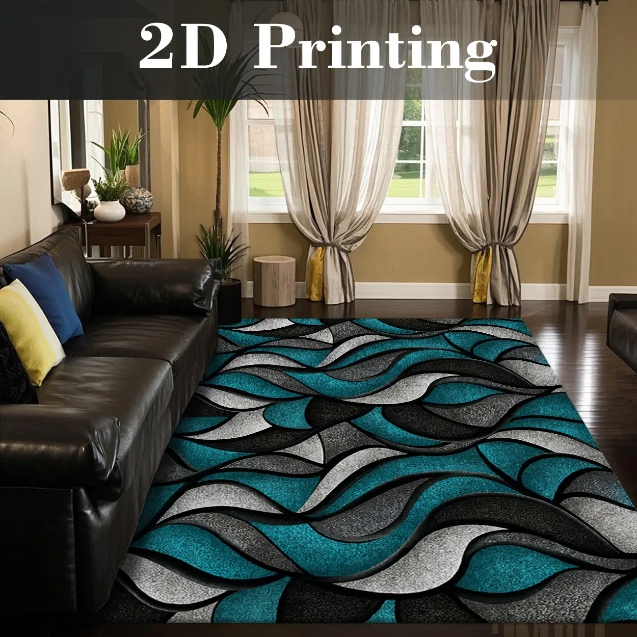 Local Delivery, Multiple Sizes Washable Non Slip Teal Wave Area Rug for Living Room, Abstract Modern Style Rug