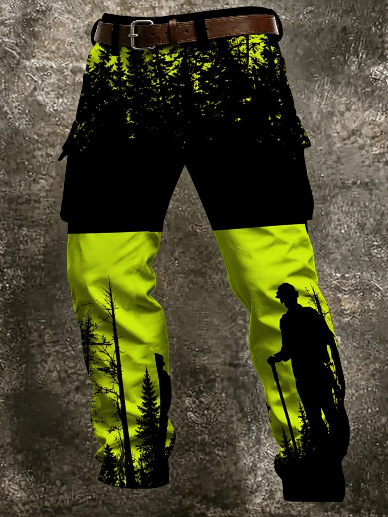 Mountain Forest Shadow Tactical Workwear Pants, Layered Colorblock Design, Full Pine Tree Climber Silhouette, Large Side Pockets, Outdoor Hiking Long Pants