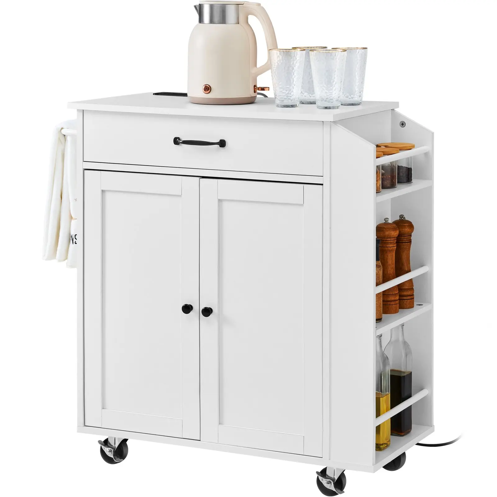【DealsForYouDays】VEVOR Kitchen Island Cart, 32" Mobile Carts with Storage Cabinet, Rolling Table with Power Outlet, Spice Rack, Towel Bar, Adjustable Shelf, Drawer, Dining Living Room Portable Islands on Wheels, White