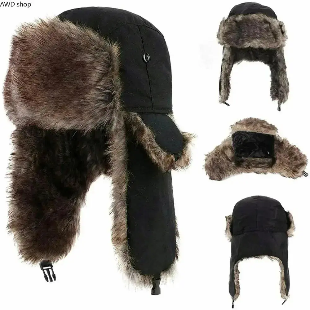 Unisex Winter Trapper Hat, Faux Fur Trooper Aviator Earflap Hat, Windproof Warm Ski Russian Hat for Outdoor Snowboarding, Daily Cold Weather Wear