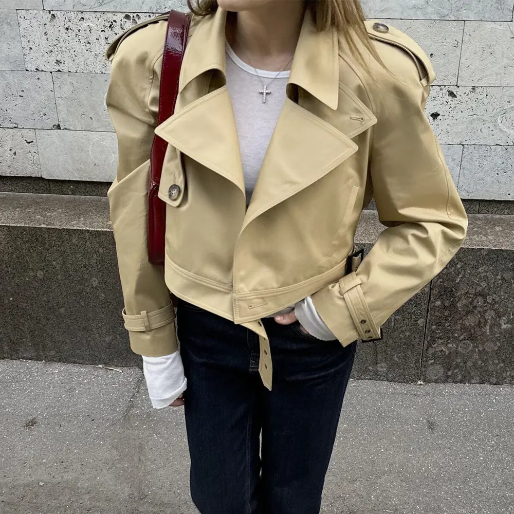 Women’s 100% Cotton Cropped Trench Jacket, Lapel Collar Short Utility Coat with Epaulets & Cuff Straps, Casual Streetwear Workwear Outerwear for Fall & Spring