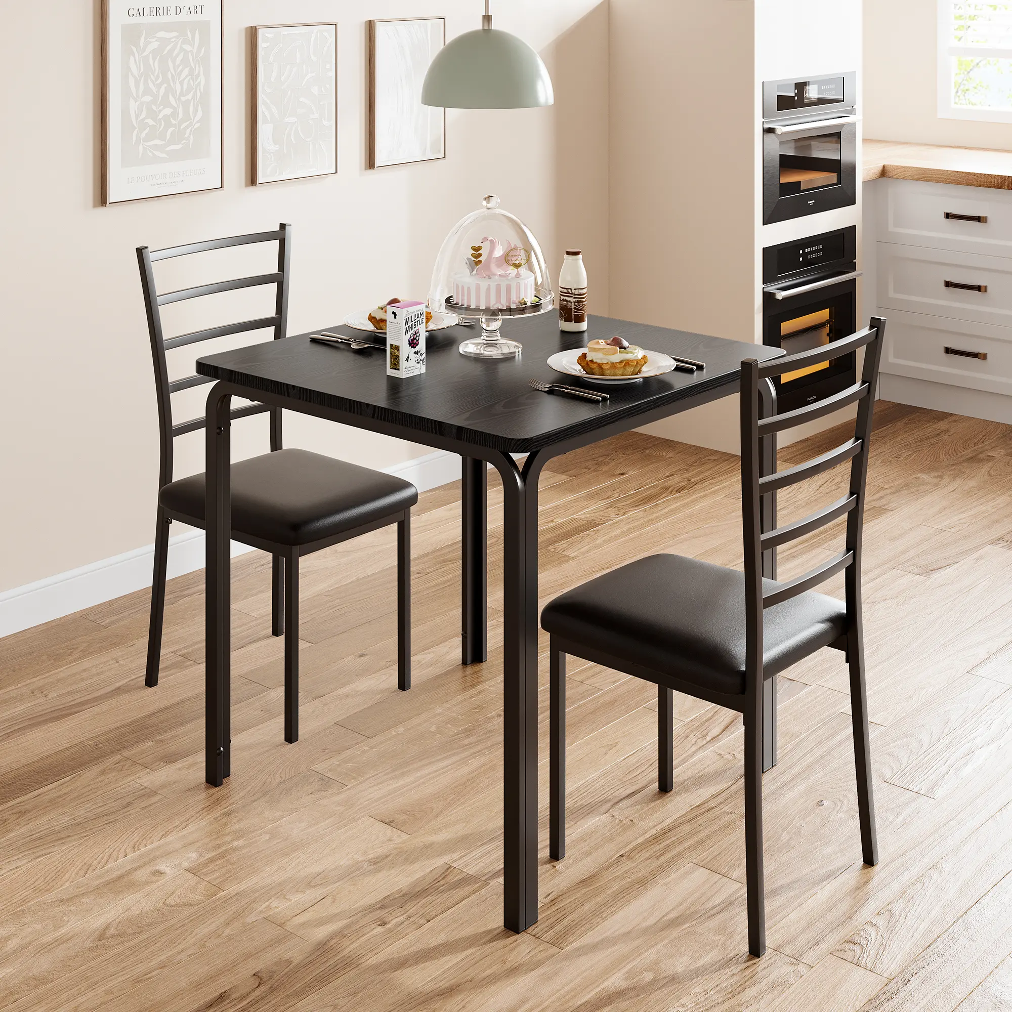 3-Piece Kitchen Dining Table & Chair Set for Small Space, Space-Saving Square MDF Wood Top Table with 2 Upholstered Chairs, for Apartment, Breakfast Nook, Brown
