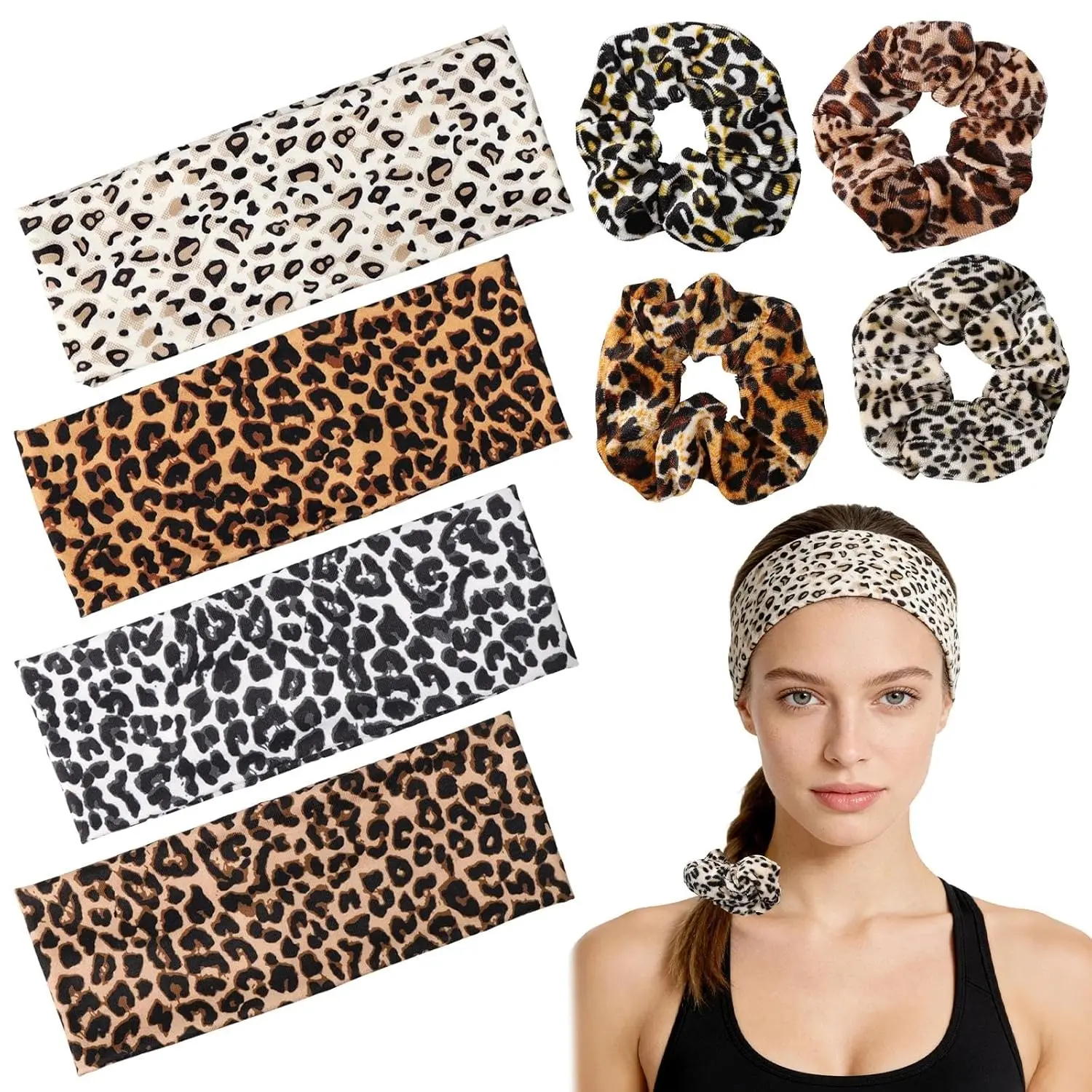 4 count  Headband and 4 count Leopard Scrunchie | Wide Thick Leopard Headband Elastic Stretchy  Scrunchie Soft Non Slip Headbands for Women Girls Valentines Gifts