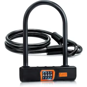 Bike Locks Heavy Duty Anti Theft, Combo Bike U Lock, 4-Digit Resettable Combination Bicycle Lock, Large U Shaped Ebike Lock with 5Ft Steel Cable for Electric Bike, Escooter, Motorcycle,Door
