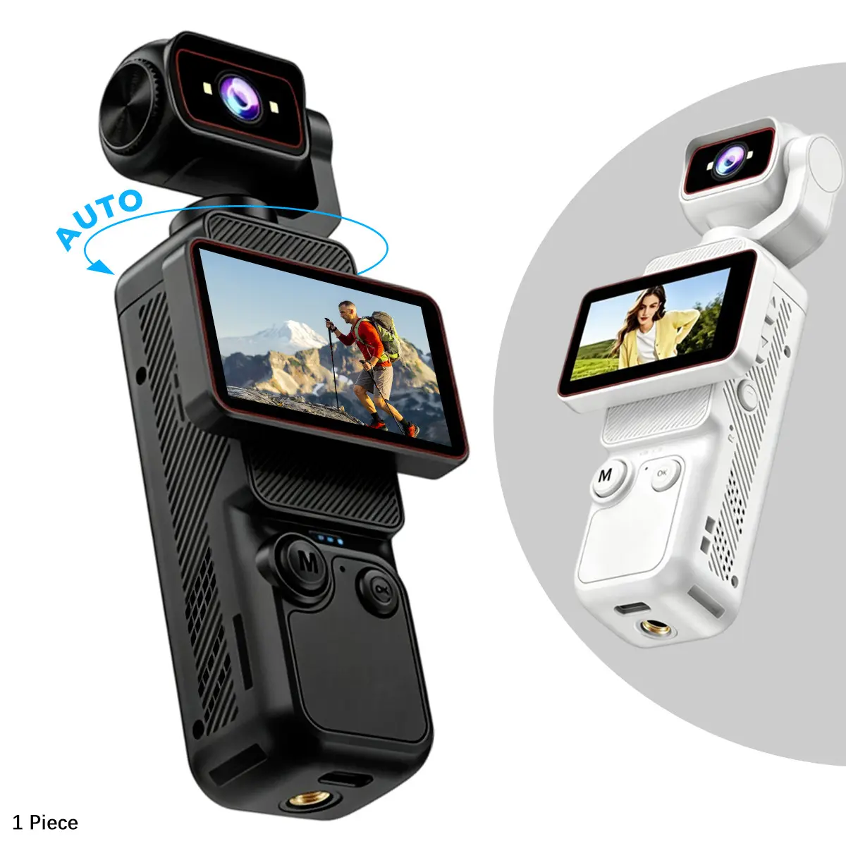 Vlogging Camera HD Action Camera with Flip Screen, WiFi Camera with 180° Auto Rotatable Lens, Portable Travel Camera  for Vacation Recording, Selfies and Adventures - White / Black