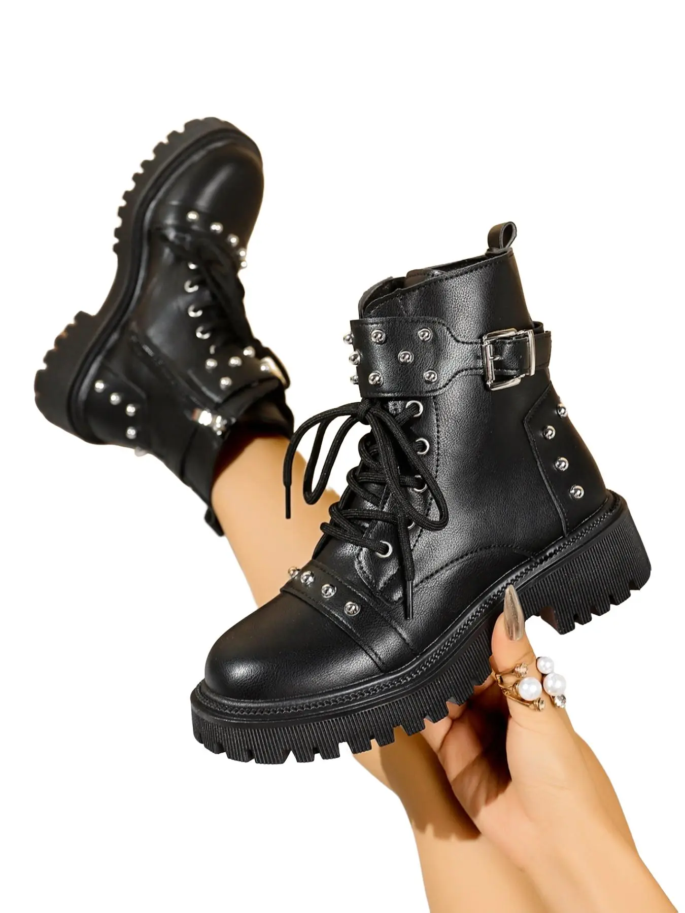 New Fall Winter Thick Sole Rivet Motorcycle Boots, Round Toe Lace-Up Side Zipper Punk Style Slim Fit Casual Leather Shoes