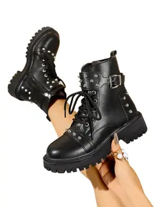 New Fall Winter Thick Sole Rivet Motorcycle Boots, Round Toe Lace-Up Side Zipper Punk Style Slim Fit Casual Leather Shoes