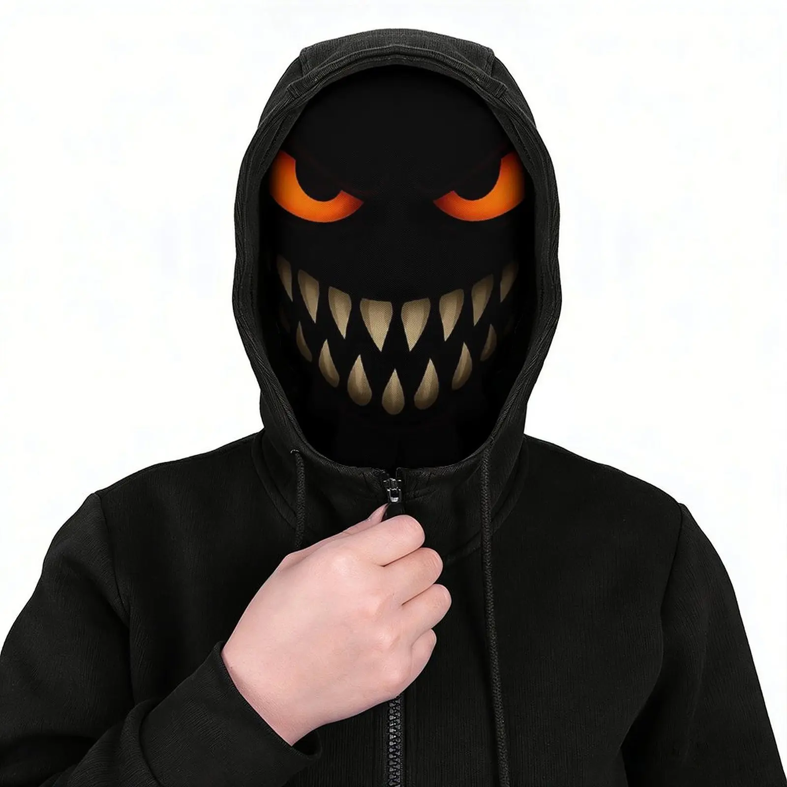 Scary Evil Demon Orange Eyes Balaclava Face Mask, 3D Print Sharp Teeth Skull Full Face Cover, Unisex Breathable Horror Costume Mask for Halloween Cosplay Riding Outdoor Sports