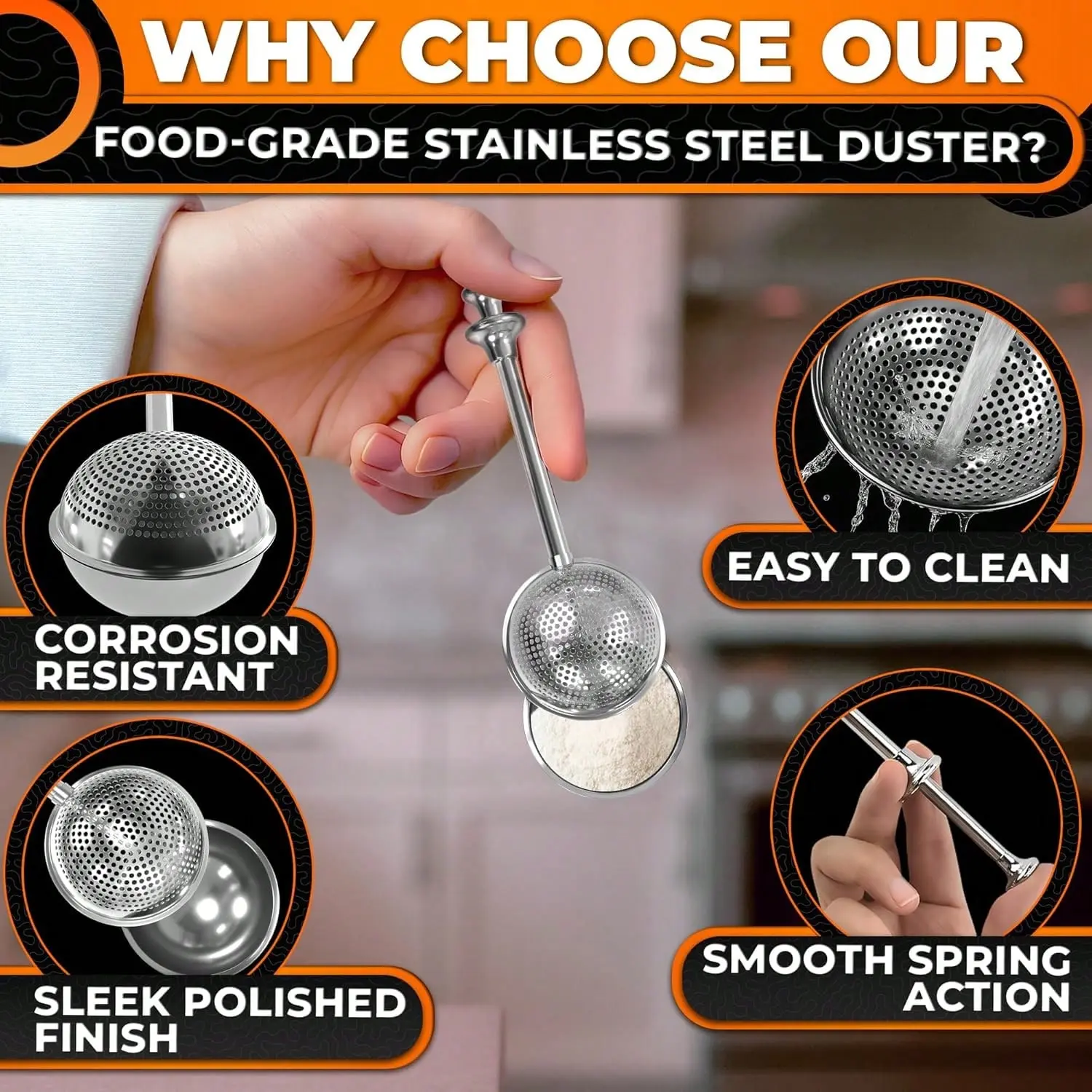 2pcs Flour Shaker Duster –Stainless Steel Flour Duster for Bread Baking with Spring Handle – Cocoa, Cinnamon, Spices & Powdered Sugar Shaker Duster with One-Handed Operation | Dishwasher Safe
