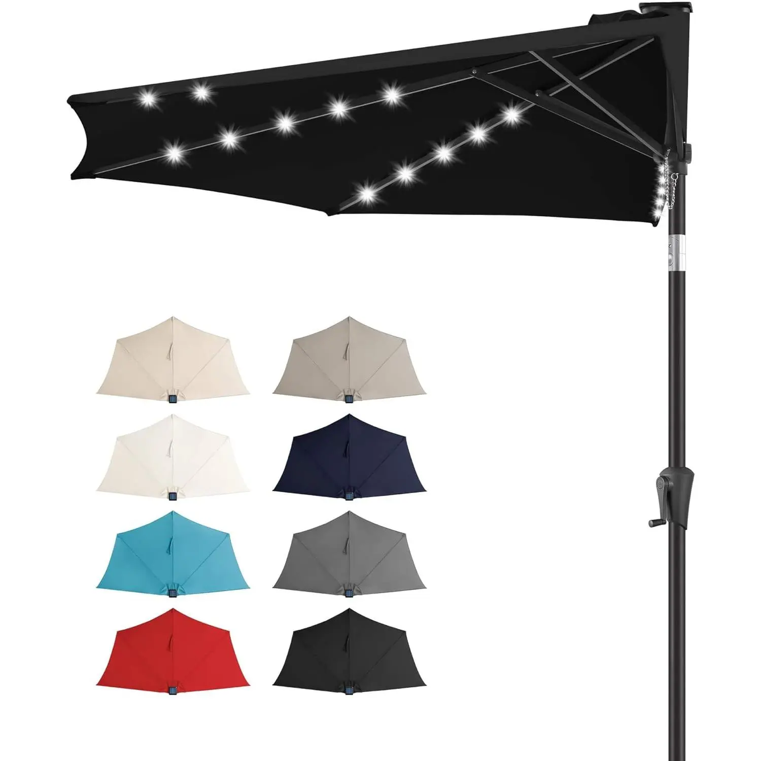 9 FT Solar Half Patio Umbrella with 25 LED Lights, Half Outdoor Umbrella with Button Tilt, Half Round Table Umbrella For Deck, Backyard, Balconies, Decks, Rvs, UV Protection (Black)