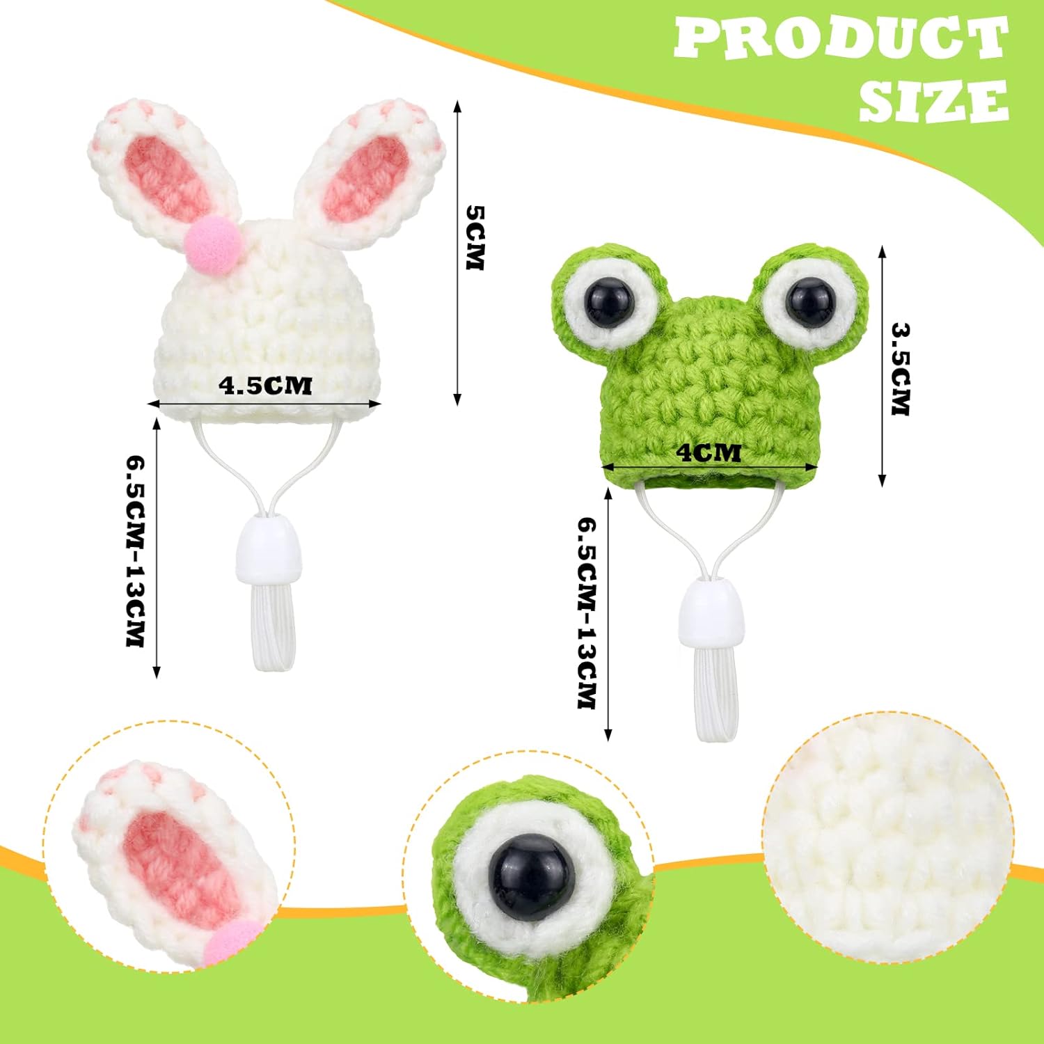 2pcs Polycotton Hats for Small Animals, Frog & Bunny Style, Hand Knitted Hat with Adjustable Strap, Pet Apparel for Hamsters, Dutch Pigs, Snakes, Photo Props
