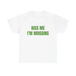 Men's Kiss Me I'm Mogging Graphic Tee - Text Humor, Minimal White Design, Thermal Top for Graduation, School, Birthday Day