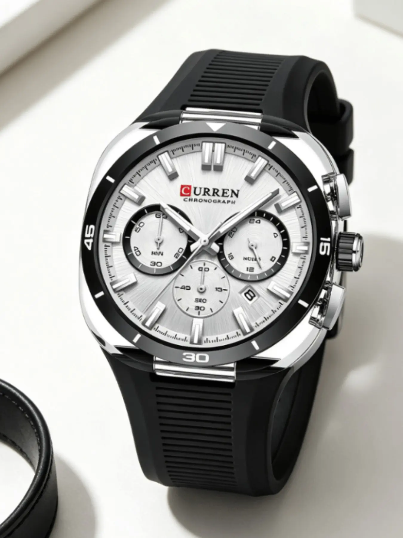 Curren Men's Quartz Chronograph Watch, Three Eyes Six Hands, Date Display, 3atm Waterproof, Soft Silicone Strap, Casual Tactical Watch