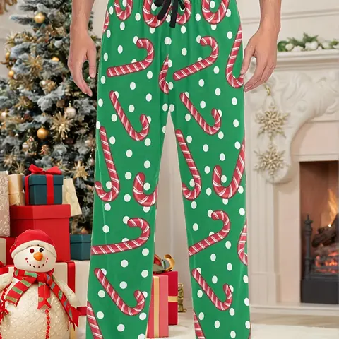 Men's Fashion Festive Christmas Print Sleepwear Pants, Polyester Blend Comfortable Breathable, Suitable for Autumn Summer Spring Seasons