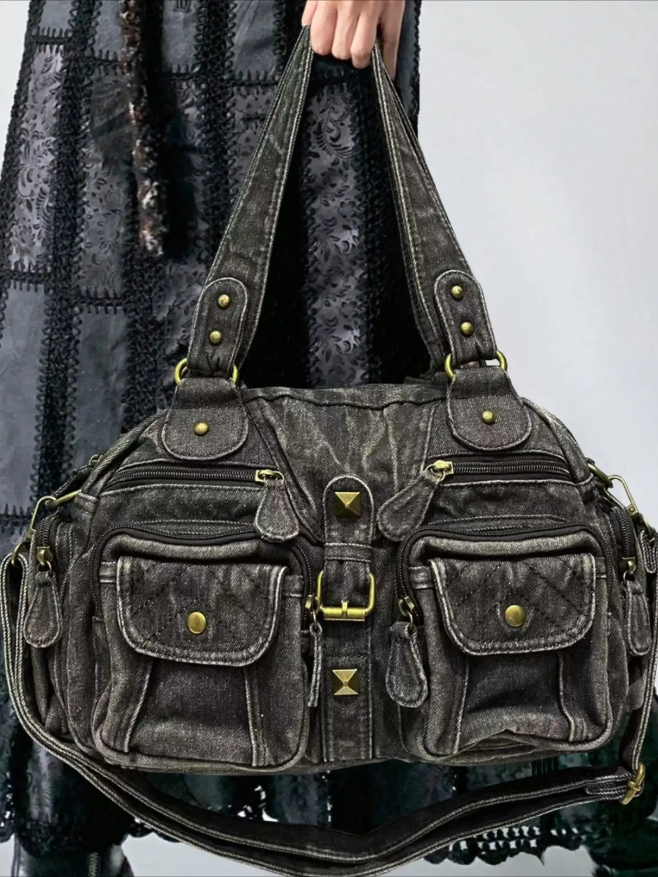 Ladies' fashionable retro casual cool handbag, personalized Y2K spicy girl motorcycle bag, street style washed city bag, suitable for work, commuting, dating, party, large capacity multi pocket single shoulder crossbody bag