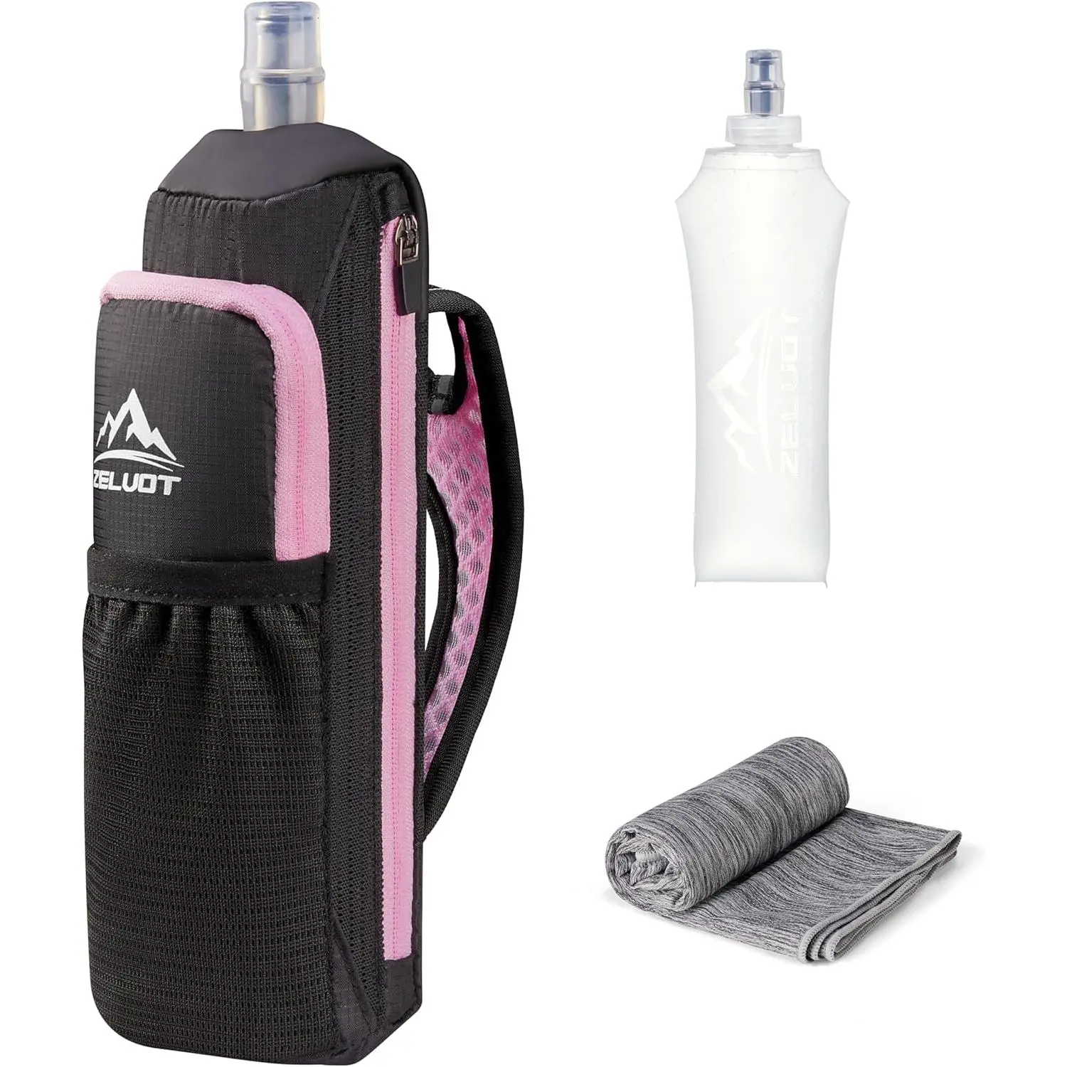 Zelvot 17 oz Running Water Bottle Handheld with Phone Holder, Pink |   Hand Held Hydration Soft Flask, BPA-Free, Sport Towel, Adjustable Buckle, Reflective Strip, for Runners, Hiking