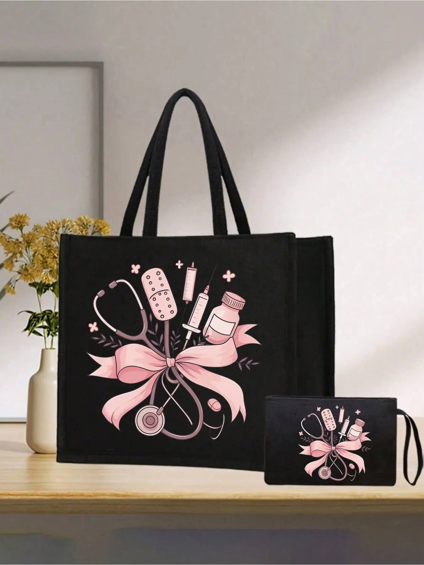 Nurse Theme Handbag and Makeup Bag Set, Linen Zipper Pouch, Customizable Holiday Letters, Unisex, Ideal for Gifts and Daily Use