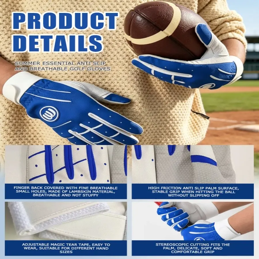 Leather Baseball Batting Gloves, Blue Back Hand Grip Anti-Slip Breathable Durable, Ideal for Sports Enthusiasts, Comfortable & Long-Lasting