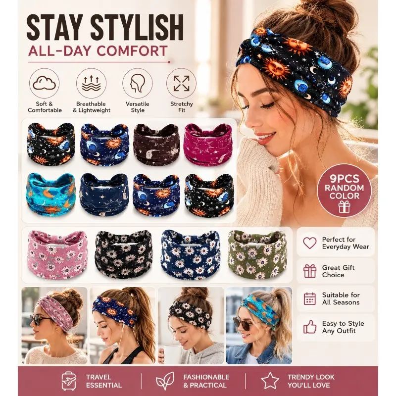 Unisex Casual 9PCS Vintage Twist Wide Headbands - Random Mix Print, Floral Stars, Moon Designs - Retro Hair Turbans for Daily, Party Use, Unisex Wear