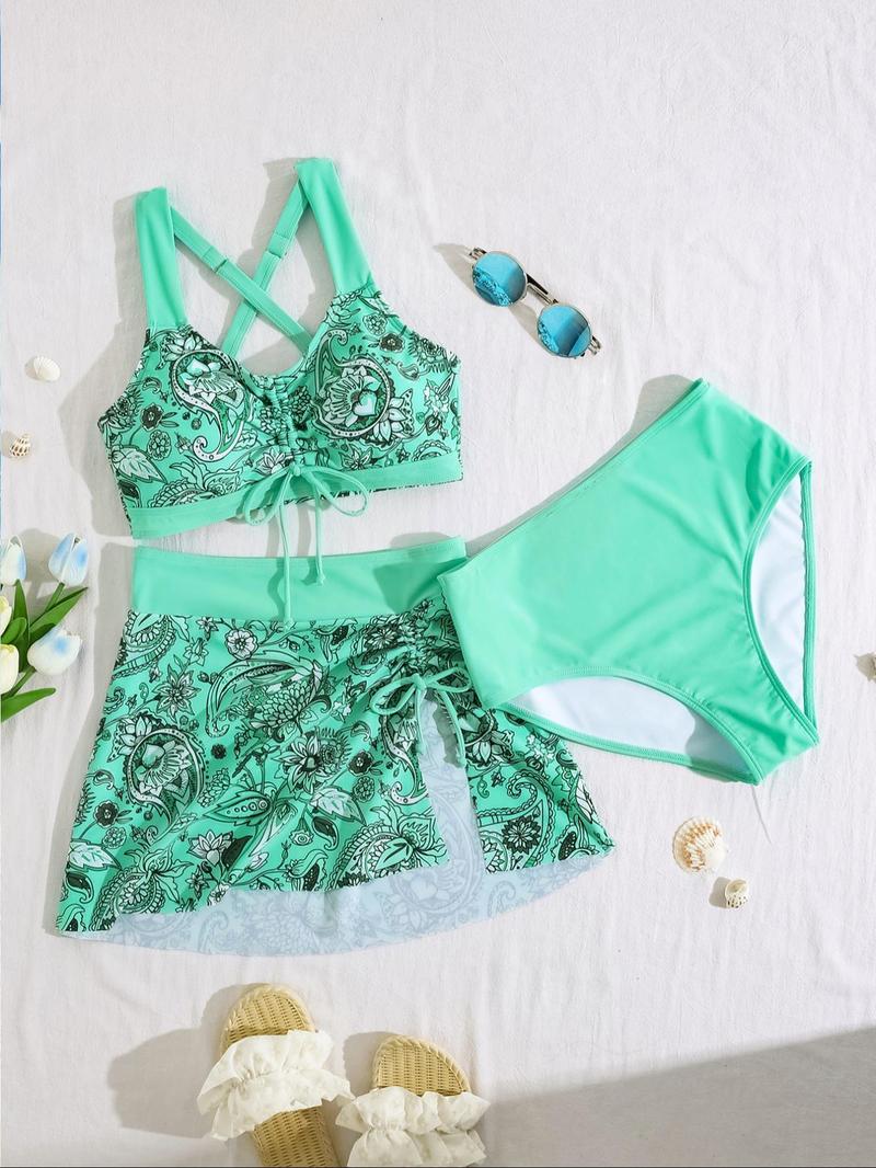 Women's Floral Print Swimsuit Set, Drawstring Swimsuits, Twist Front Bikini, Boho Tie Side Bikini Top & Bottom & Cover Up Skirt Set, Beach Vacation Swimwear Set for Women, Floral Print Bikinis