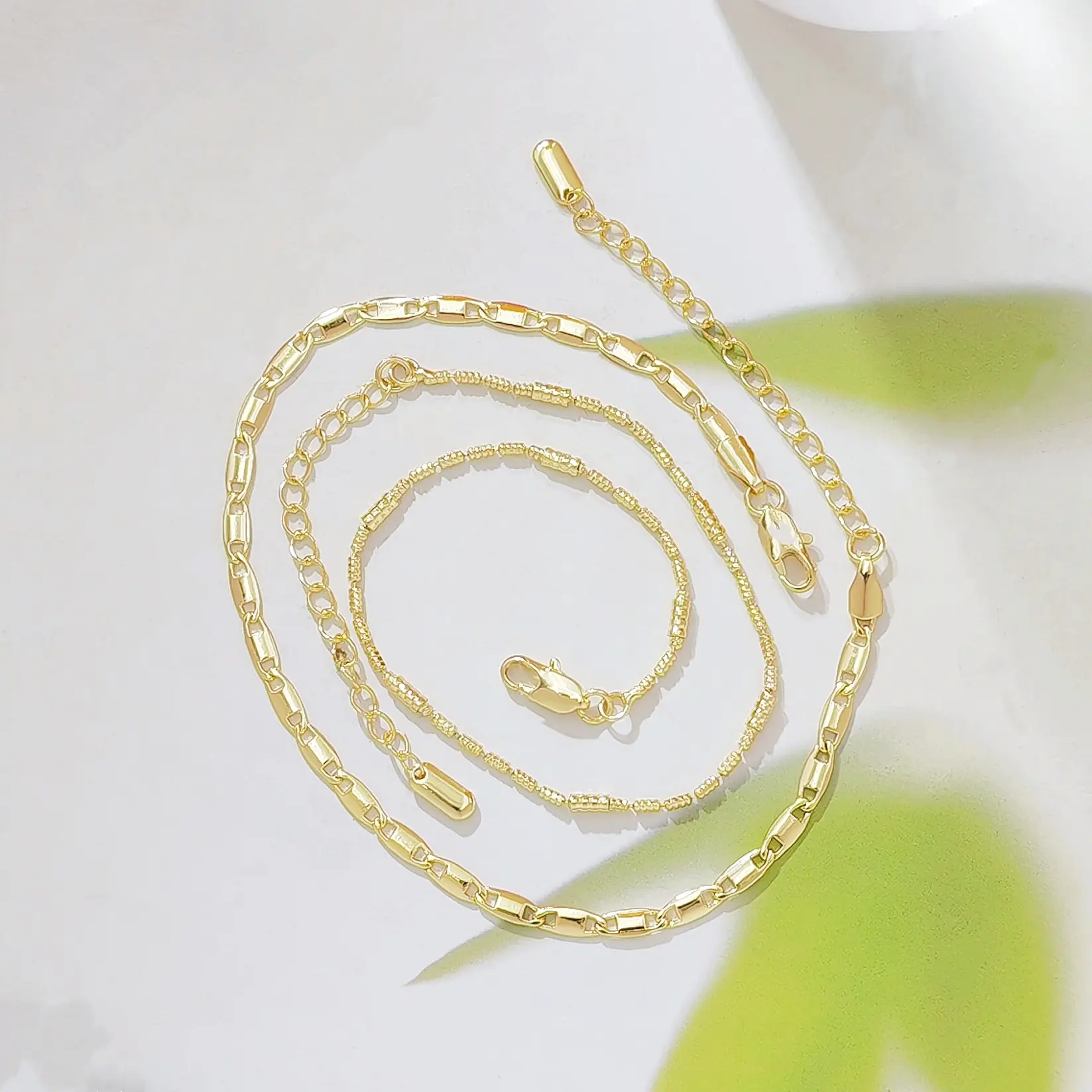 14K Plated Layered Chain Bracelet Set for Women, Dainty Cylinder Bamboo & Rectangle Link Anklet, Adjustable Minimalist Foot Jewelry, Trendy Summer Beach Body Accessories