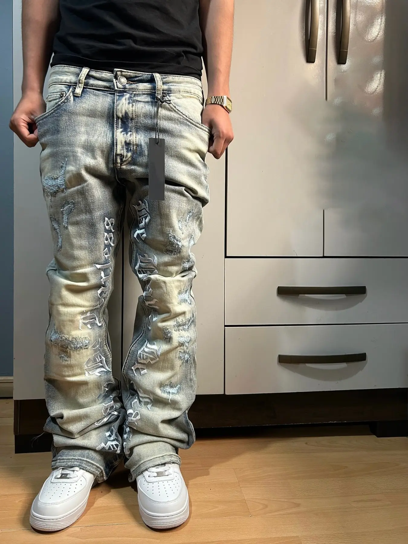 Men's Embroidered Jeans, Micro Flare Denim Jeans, Letter Stitching, Tight Fit, Ripped Bell Bottoms, Washed Y2K Style, All Seasons
