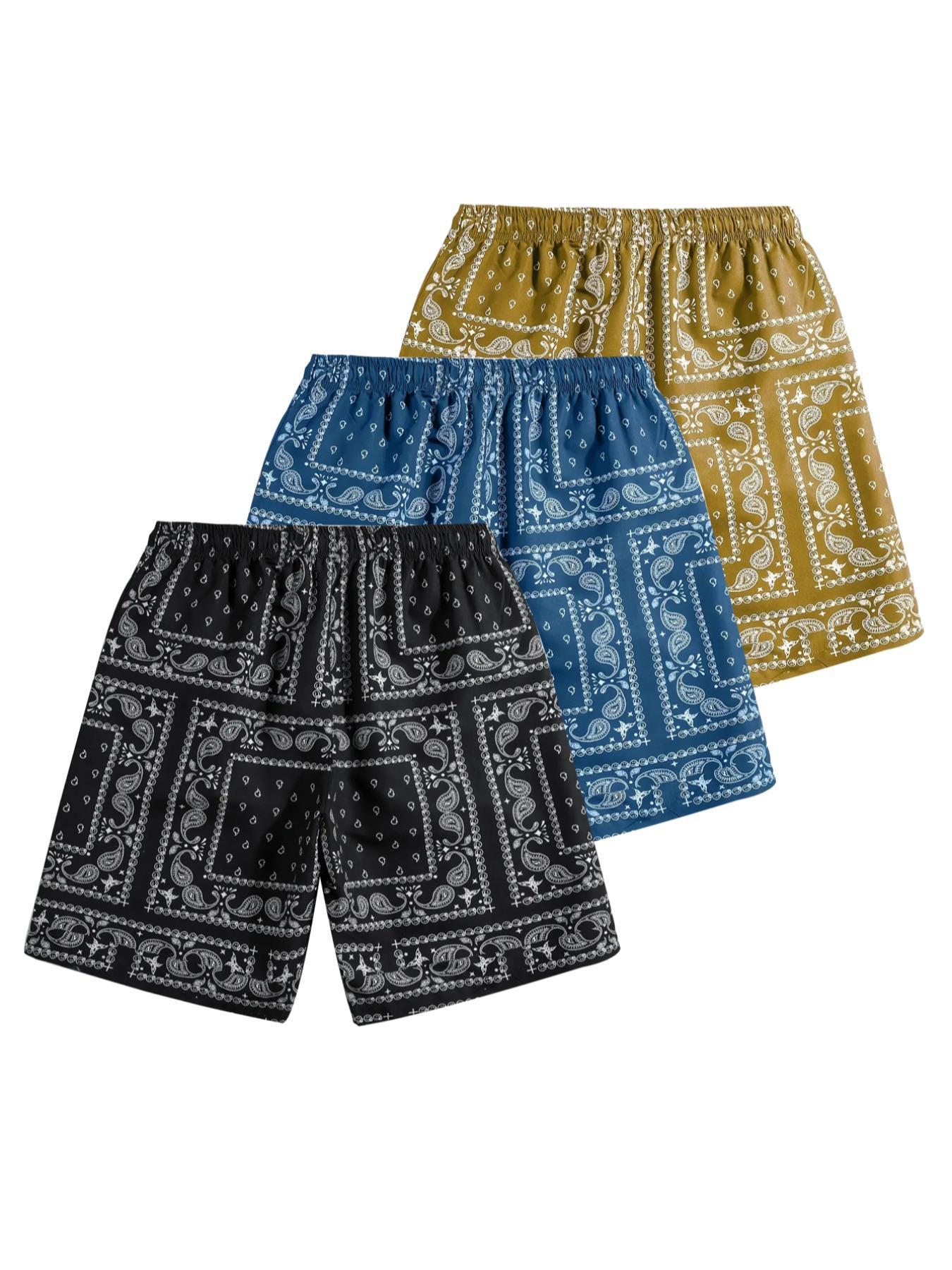 3 PCS Men's Ethnic Paisley Print Drawstring Shorts Summer Beach Swim Trunks Lightweight Graphic Casual Shorts Comfy Vacation Apparel Ideal for Back to School Outdoor Travel Trendy cargo shorts men's shorts summer workout