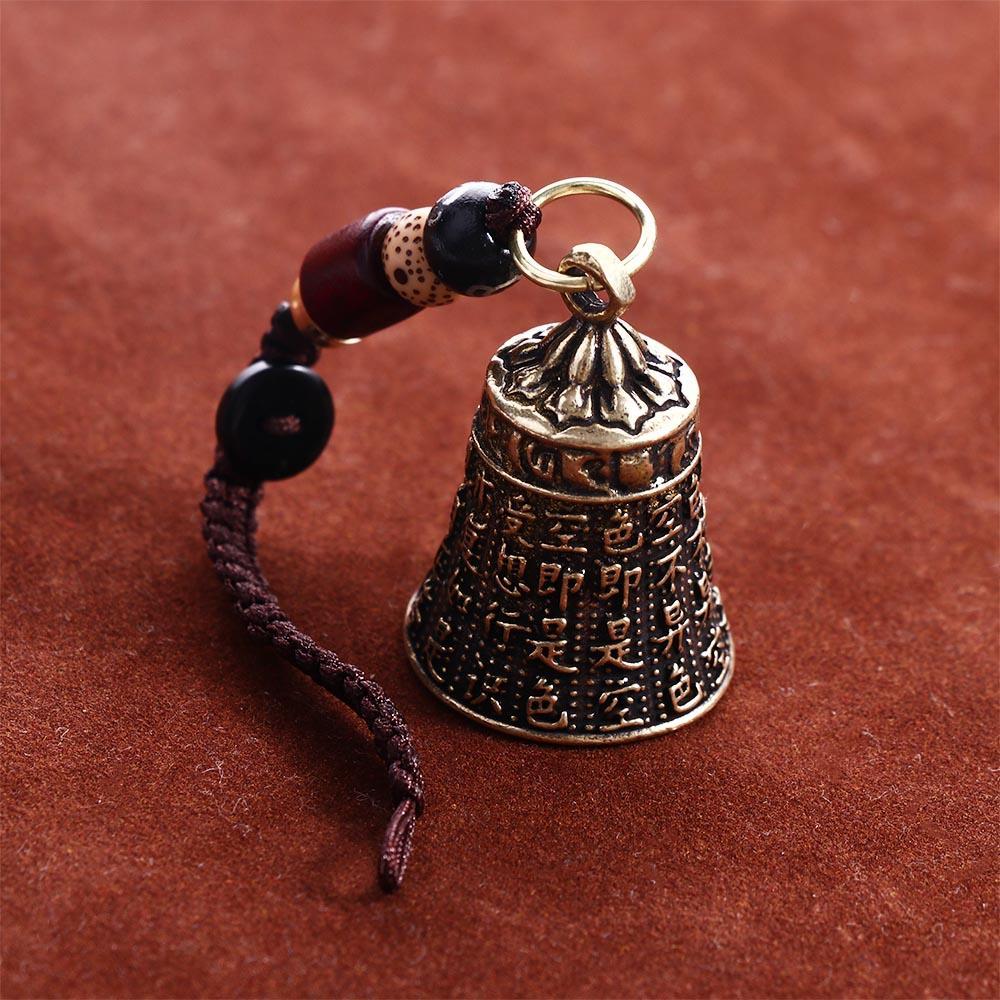 Brass Bell Keychain Pendant Engraved Mantra Charm Handmade Woven Rope Lanyard Hanging Ornament for Keys Bag Decoration Craft Accessory