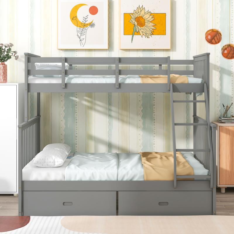 Twin Over Full Bunk Bed with Storage Drawers, Wooden Bunk Bed with Ladder and Safety Guard Rails,One bed for multiple purposes: it is a family bed, storage cabinet, and even a gaming paradise