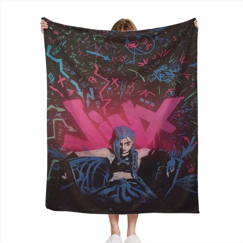 Jinx Pink Neon Graphic Throw Blanket LoL Gaming Character Art Soft Warm Microfiber Fleece Blanket Bed Couch Sofa Decor Inch