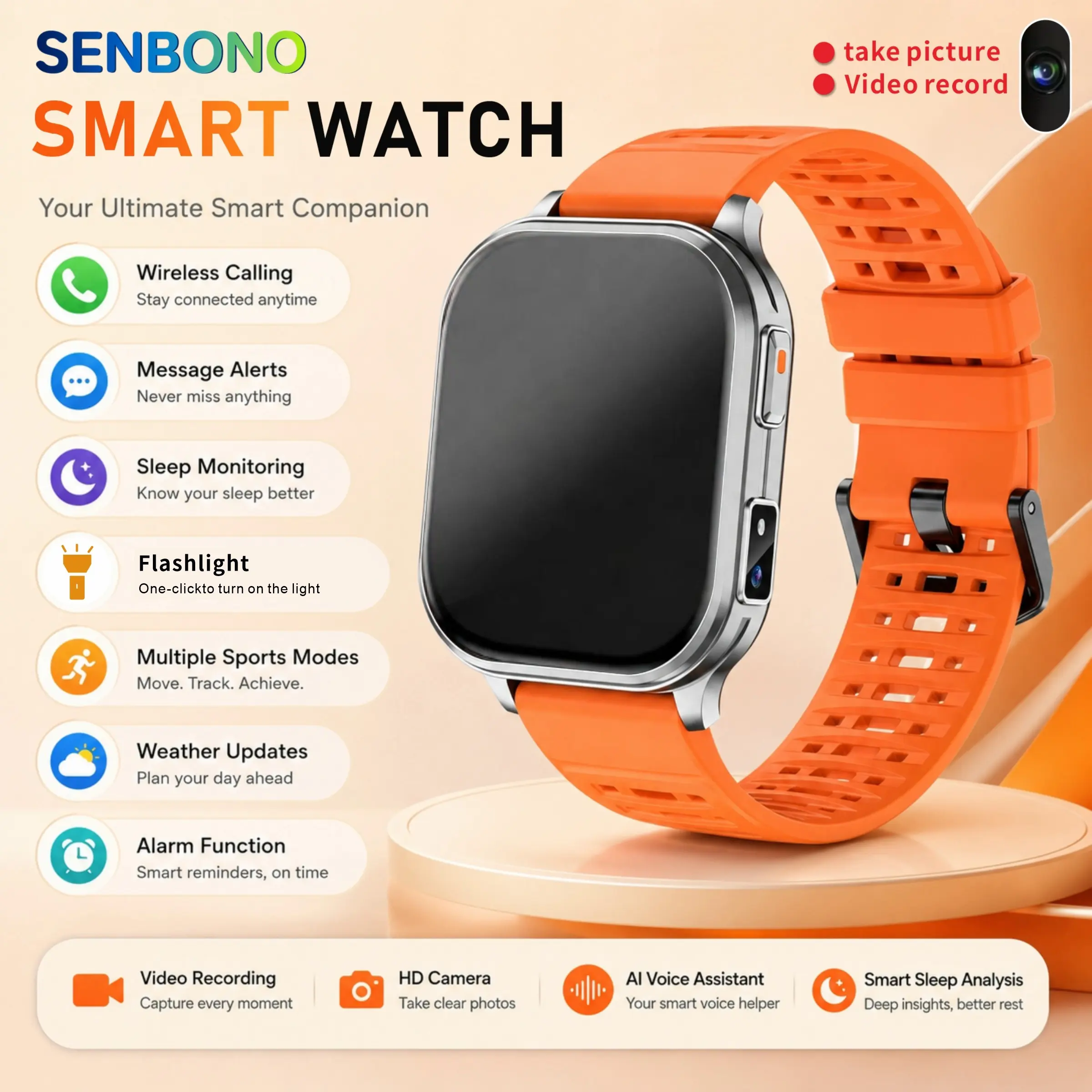 SENBONO New watch that can take photos and videos, wireless calling smart watch, DIY dial, 256MB memory, multiple sports modes, outdoor sports watch, recording, local music, fill light, sleep recording, ideal gift for men and women.
