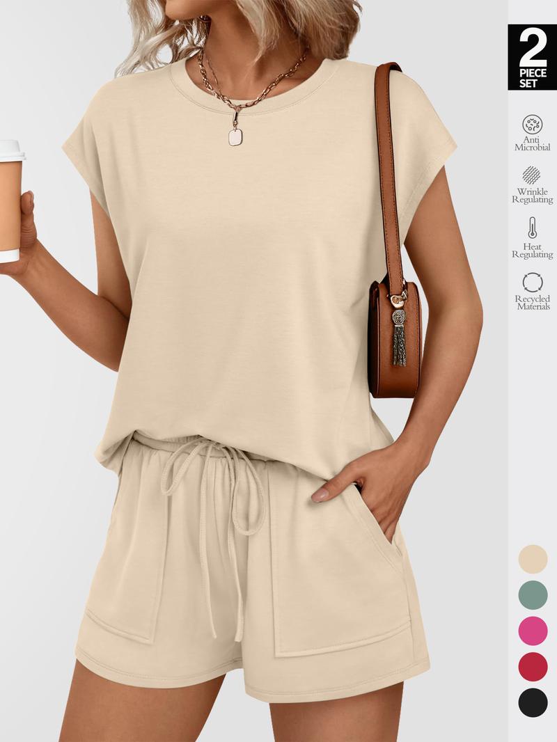 Women's Solid Curved Hem Tee & Drawstring Waist Shorts Set, Casual Cap Sleeve T-shirt & Pocket Shorts, Ladies Sleepwear for Summer, Loungewear Pajama Set