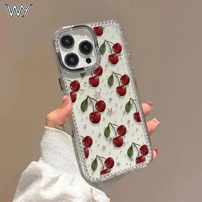 Retro Cherry-Themed Polycarbonate Smartphone Case - Cute Sparkling Stars, Diamonds Design, Protective Mobile Accessory Compatible with iPhone 17,16,15,14,13,12