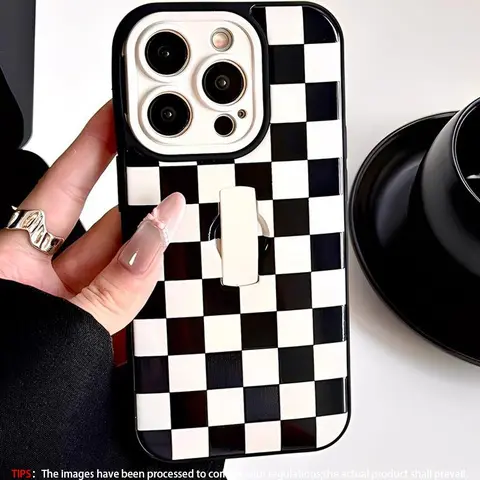 Black and white checkerboard invisible bracket shock-absorbing phone case, specially tailored for iPhone 18 17, 16, 15, 14, and 13, 12, and series. Its design combines the restraint of minimalism with artistic talent: a black and white checkerboard patter