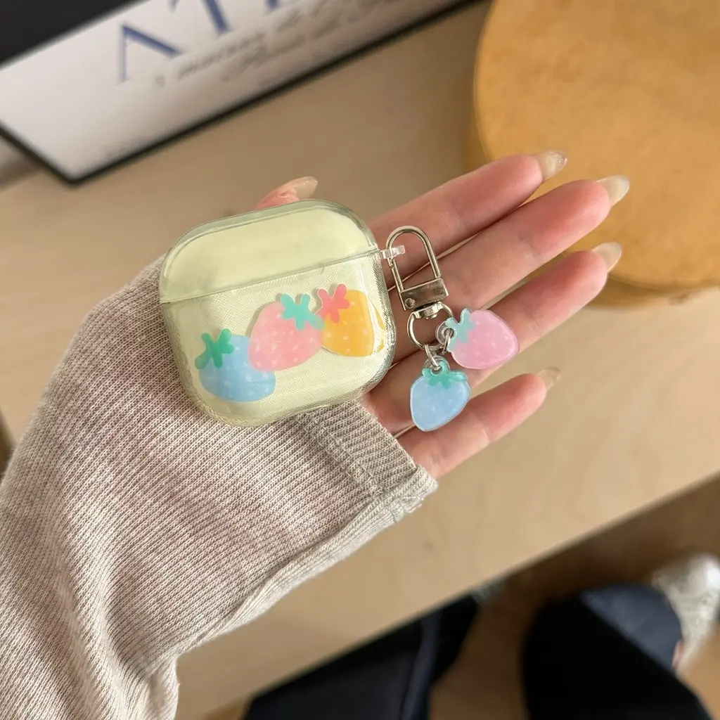 Yellow Translucent Strawberry Bluetooth-compatible Earbud Case, Anti-Drop Full Protection, Fits AirPods 1/2/3/4/pro/pro2/pro3, with Pendant, New