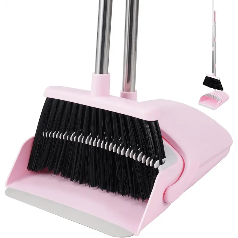 Broom and Dustpan Set for Home, 52" Long Handle Broom with Dustpan Combo Set with Dust Pan Teeth to Clean Hair Sweeping Set for Kitchen Hardwood Floors Pet Hair (Pink)