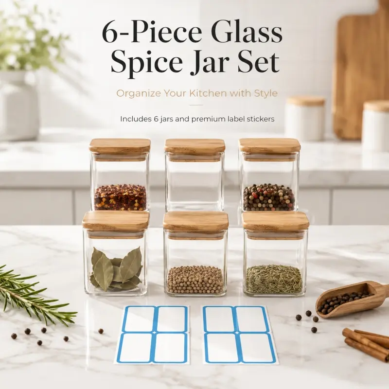 6Pcs Square Glass Spice Jars, food-grade storage containers with bamboo lids, Glass Kitchen Canisters. Moisture-proof, insect-proof and fresh-keeping, stackable and equipped with label slots to organize your kitchen elegantly.